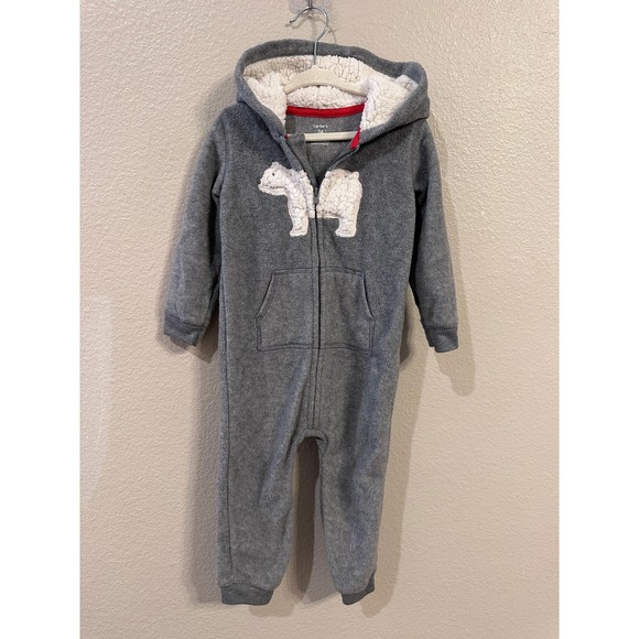 Carters 24 Months Gray Polar Bear Hooded Fleece One Piece Pajamas Jumpsuit - Picture 1 of 5